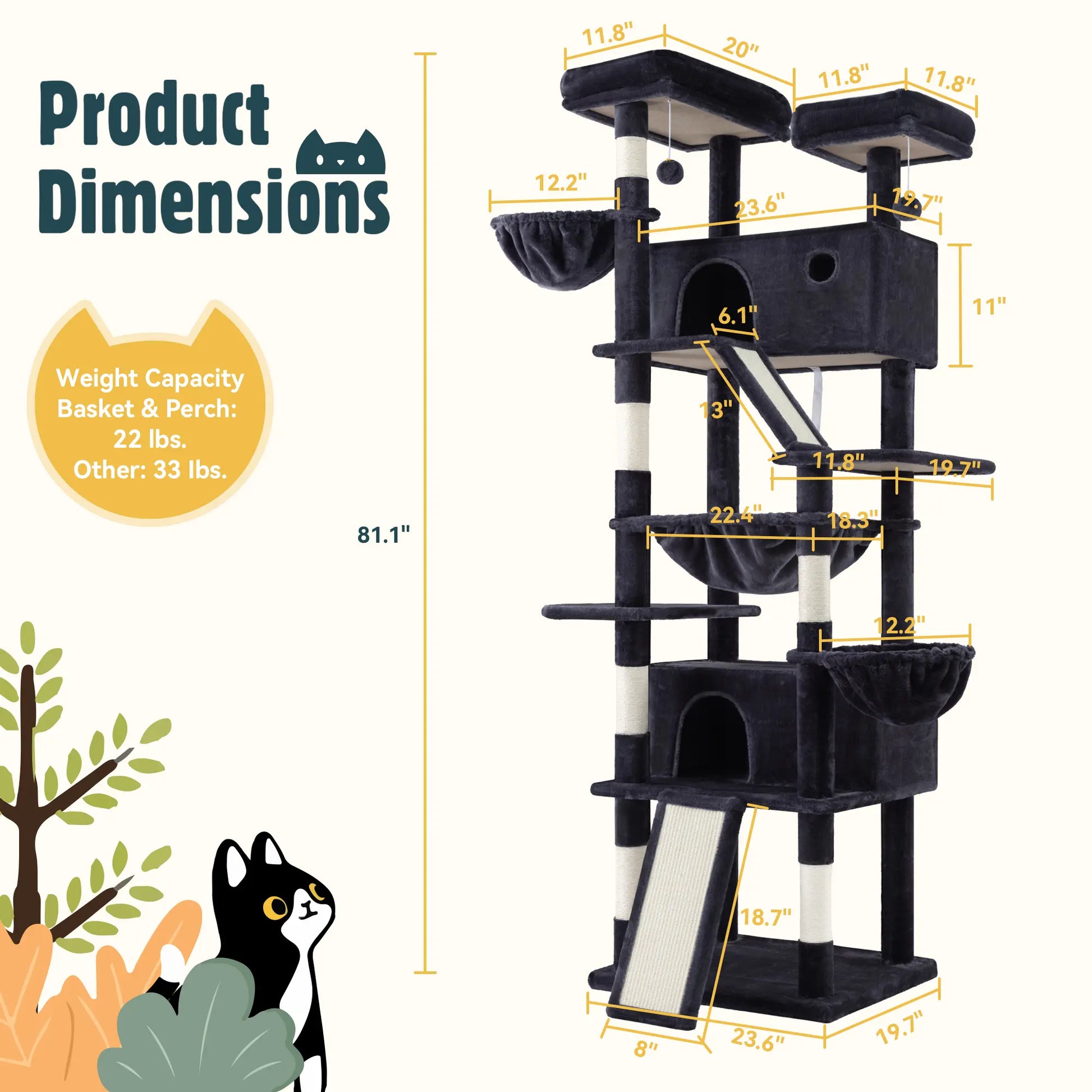 HOOMIC 81In Large Cat Tree Tower, Multi-Level Climbing House with Condo, Hammock & Scratching Post, Wide Base for Big Felines, Grey/Beige/Dark Blue/Pink/Leopard Print/Black Dots#Summervibes