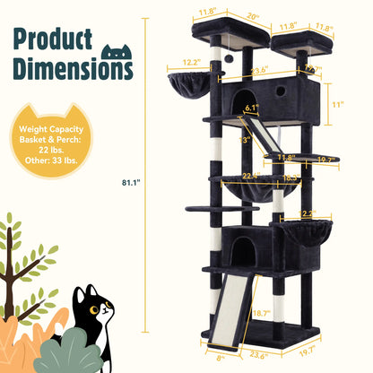 HOOMIC 81In Large Cat Tree Tower, Multi-Level Climbing House with Condo, Hammock & Scratching Post, Wide Base for Big Felines, Grey/Beige/Dark Blue/Pink/Leopard Print/Black Dots#Summervibes